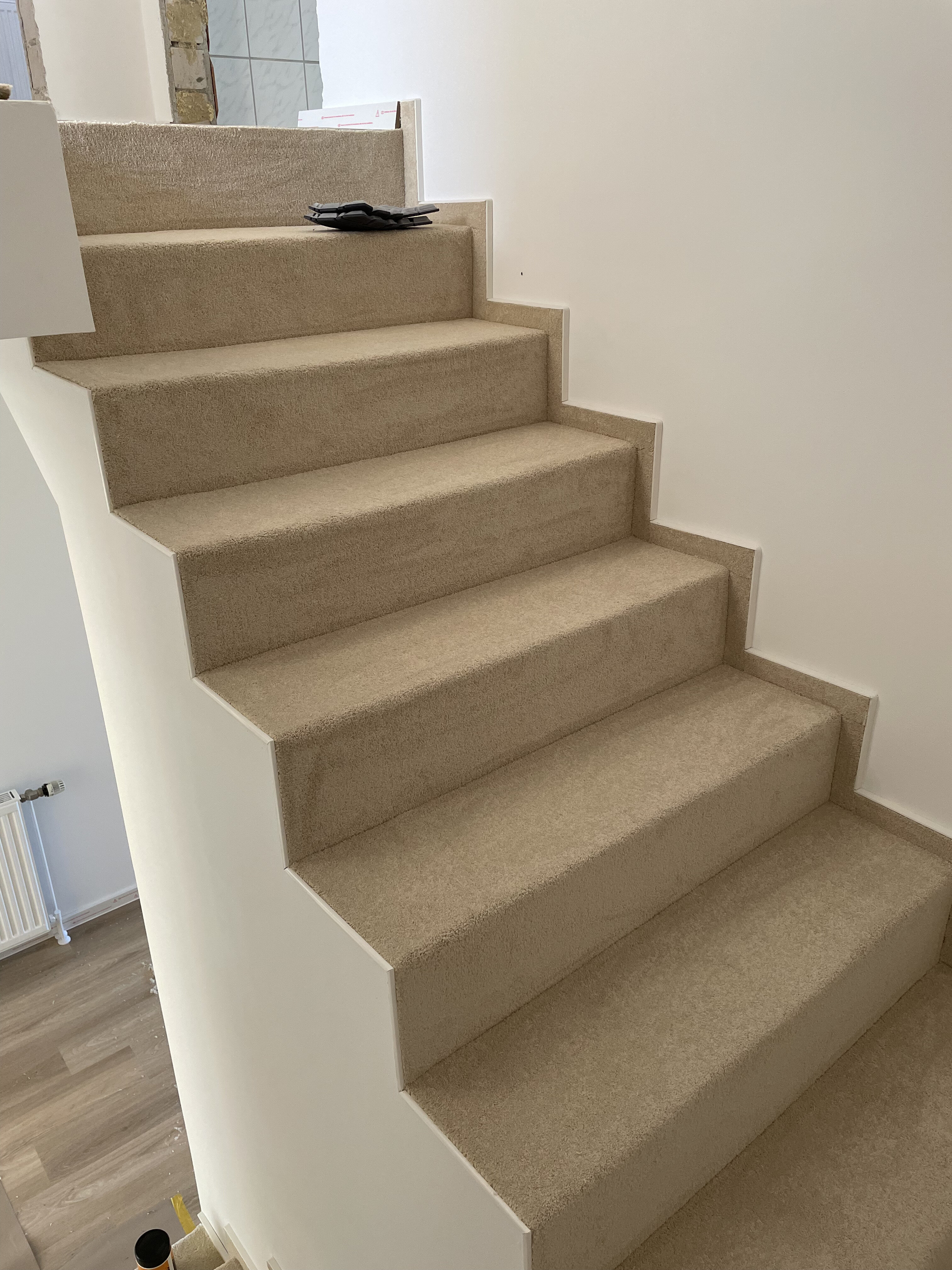 Eine Treppe mit Teppich verlegt